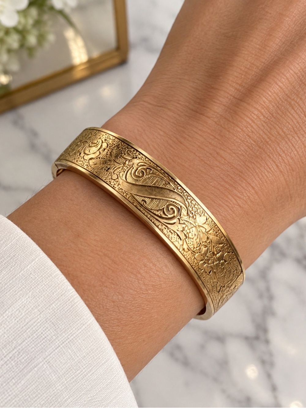 LM & Co Antique Gold Filled Hinged Bangle Bracelet Floral Etched Engraved Scroll